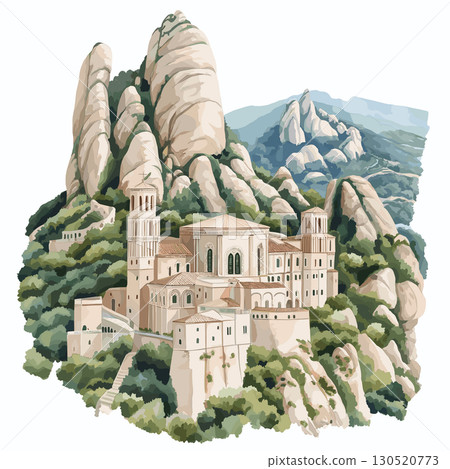 Montserrat Monastery. Montserrat Monastery watercolor vector illustration 130520773