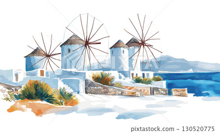 Mykonos Windmills. Mykonos Windmills watercolor vector illustration 130520775