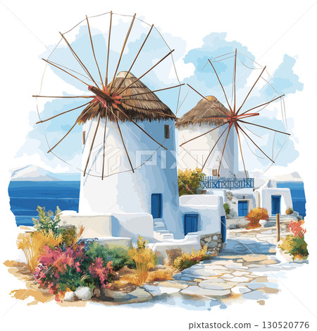 Mykonos Windmills. Mykonos Windmills watercolor vector illustration 130520776