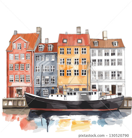 Nyhavn. Nyhavn watercolor vector illustration Nyhavn. Nyhavn watercolor vector illustration 130520790