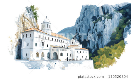 Ostrog Monastery. Ostrog Monastery watercolor vector illustration Ostrog Monastery. Ostrog Monastery watercolor vector illustration 130520804