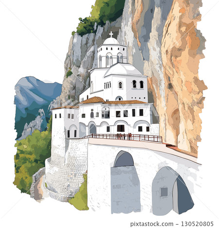 Ostrog Monastery. Ostrog Monastery watercolor vector illustration Ostrog Monastery. Ostrog Monastery watercolor vector illustration 130520805