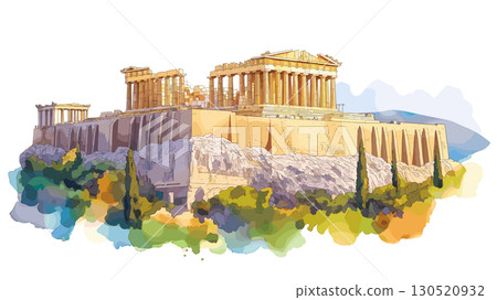 Acropolis of Athens. Acropolis of Athens watercolor vector illustration 130520932