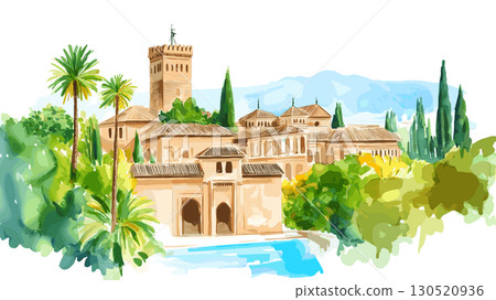 Alhambra. Alhambra watercolor vector illustration 130520936