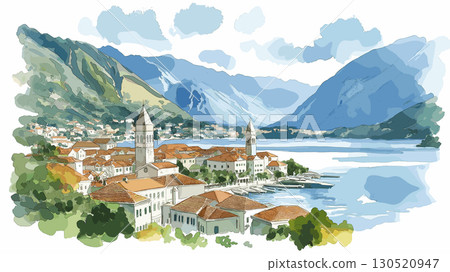 Bay of Kotor. Bay of Kotor watercolor vector illustration 130520947