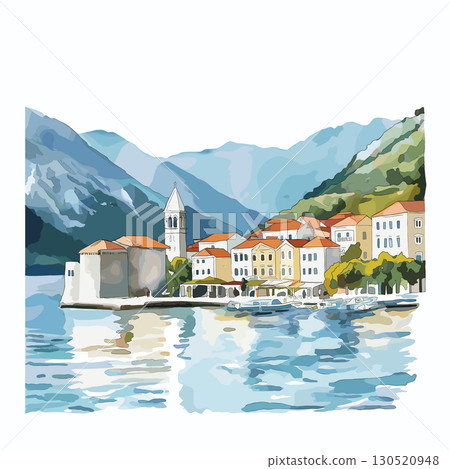 Bay of Kotor. Bay of Kotor watercolor vector illustration Bay of Kotor. Bay of Kotor watercolor vector illustration 130520948