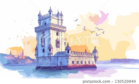 Belem Tower. Belem Tower watercolor vector illustration Belem Tower. Belem Tower watercolor vector illustration 130520949