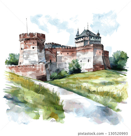 Brest Fortress. Brest Fortress watercolor vector illustration 130520993