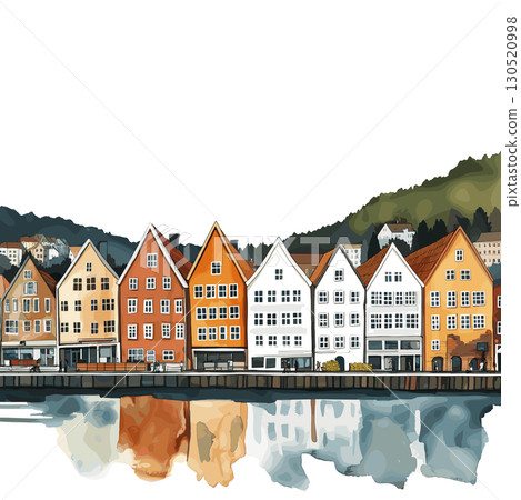 Bryggen Wharf. Bryggen Wharf watercolor vector illustration Bryggen Wharf. Bryggen Wharf watercolor vector illustration 130520998