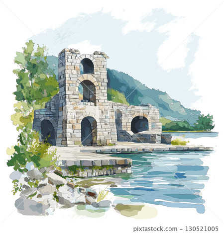 Butrint. Butrint watercolor vector illustration Butrint. Butrint watercolor vector illustration 130521005