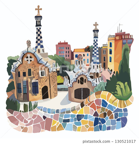 Park Guell. Park Guell watercolor vector illustration Park Guell. Park Guell watercolor vector illustration 130521017