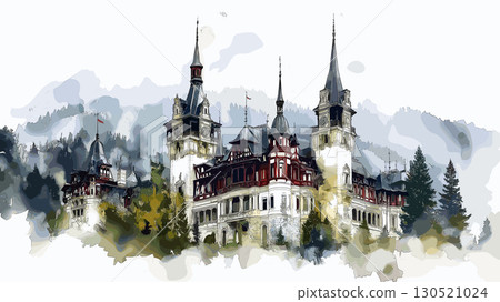 Peles Castle. Peles Castle watercolor vector illustration Peles Castle. Peles Castle watercolor vector illustration 130521024