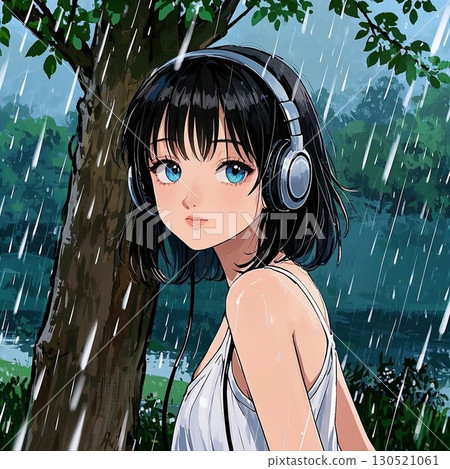 藍眼睛的女人在雨中戴著耳機聽音樂 130521061