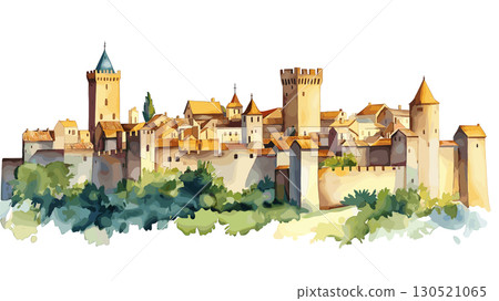 Carcassonne. Carcassonne watercolor vector illustration Carcassonne. Carcassonne watercolor vector illustration 130521065