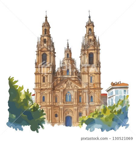 Cathedral of Santiago de Compostela. Cathedral of Santiago de Compostela watercolor vector illustration Cathedral of Santiago de Compostela. Cathedral of Santiago de Compostela watercolor vector illustration 130521069