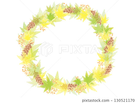 Watercolor style green and yellow autumn leaves wreath frame 130521170