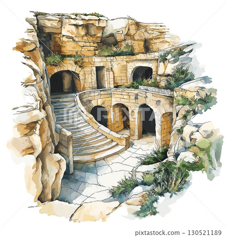 Hal Saflieni Hypogeum. Hal Saflieni Hypogeum watercolor vector illustration 130521189