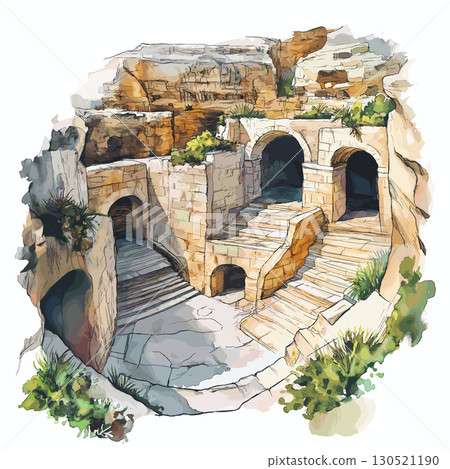 Hal Saflieni Hypogeum. Hal Saflieni Hypogeum watercolor vector illustration 130521190