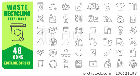 Waste Recycling Line Icon Set With 48 Editable Stroke Designs. Thin Line Collection Includes Trash, Recycling Bins, Glass, Plastic, Metal, Paper, Batteries. Vector Illustration. Isolated On white back 130521198