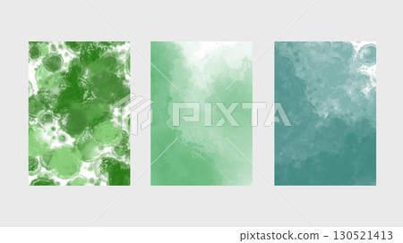 Collection of green watercolor backgrounds featuring natural tones and fluid brushwork. Perfect for eco-themed designs, stationery. vector. 130521413