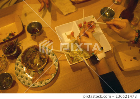 mexican food with tacos guacamole and nachos 130521478