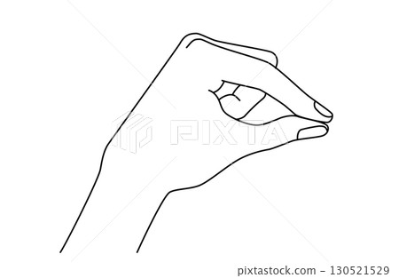 A simple line drawing vector illustration of a hand holding something with its index finger and thumb 130521529