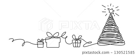 Continuous Line Christmas Tree Vector Icon, Happy Xmas Monoline Spruce, New Year Pines 130521585