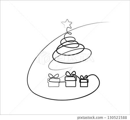 Continuous Line Christmas Tree Vector Icon, Happy Xmas Monoline Spruce, New Year Pines 130521588