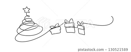 Continuous Line Christmas Tree Vector Icon, Happy Xmas Monoline Spruce, New Year Pines 130521589