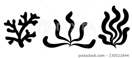 Seaweed icon. Sea algae, reef corals plants, ocean seaweed silhouettes, underwater pattern Seaweed icon. Sea algae, reef corals plants, ocean seaweed silhouettes, underwater pattern 130521644