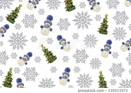 Christmas background of green Christmas trees and knitted snowmen in blue hats and silver snowflakes flying in the air on a white background. Holiday card for New Year and Christmas 130521972