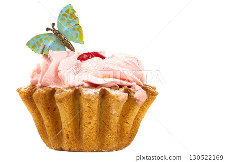 Cakes with protein cream decorated with a butterfly on a white plate. A beautiful sweet dessert. 130522169