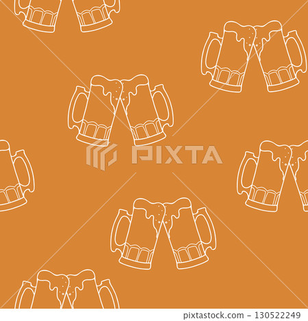 Beer Seamless pattern. White line art isolated on a brown, orange background. Toasting full beer mugs with a foam. Hand drawn Vector illustration in Doodle style. For Octoberfest, St. Patricks Day Beer Seamless pattern. White line art isolated on a brown, orange background. Toasting full beer mugs with a foam. Hand drawn Vector illustration in Doodle style. For Octoberfest, St. Patricks Day 130522249