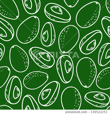 Avocado seamless vector pattern in minimalistic doodle style. Hand drawn white line art of whole Fruit and Cut Slices isolated on a green background. For product packaging, menu and fabric prints. Avocado seamless vector pattern in minimalistic doodle style. Hand drawn white line art of whole Fruit and Cut Slices isolated on a green background. For product packaging, menu and fabric prints. 130522251