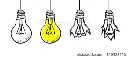 Broken light bulb sketch icon set. Doodle burnt-out lamps, hand drawn idea concept Broken light bulb sketch icon set. Doodle burnt-out lamps, hand drawn idea concept 130522350
