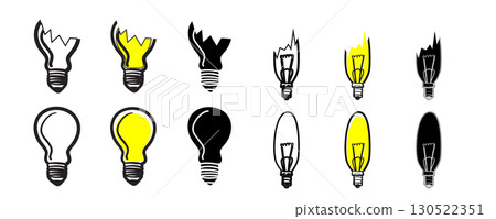 Broken light bulb sketch icon set. Doodle burnt-out lamps, hand drawn idea concept Broken light bulb sketch icon set. Doodle burnt-out lamps, hand drawn idea concept 130522351