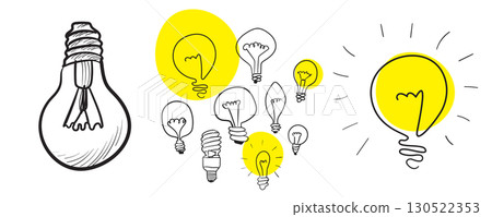 Light bulb sketch icon set. Doodle lamps, hand drawn idea concept, scribble lightbulbs Light bulb sketch icon set. Doodle lamps, hand drawn idea concept, scribble lightbulbs 130522353