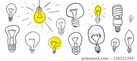 Light bulb sketch icon set. Doodle lamps, hand drawn idea concept, scribble lightbulbs Light bulb sketch icon set. Doodle lamps, hand drawn idea concept, scribble lightbulbs 130522354