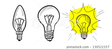 Light bulb sketch icon set. Doodle lamps, hand drawn idea concept, scribble lightbulbs 130522357