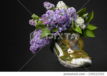A sneaker covered with moss and blooming lavender. Shoes made from natural materials. 130522391