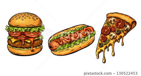 Hand drawn fast food combo with burger, hotdog and pizza illustration 130522453