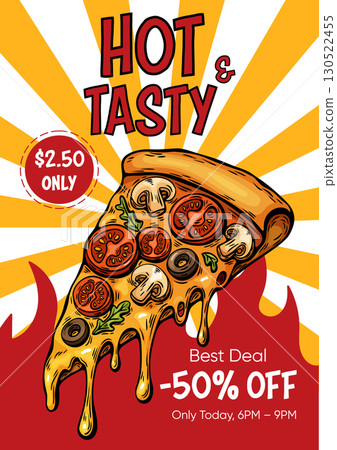 Pizza slice discount poster with hot and tasty promo graphic 130522455