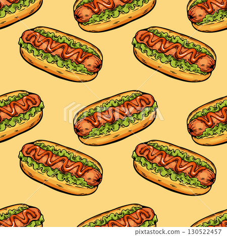 Seamless hotdog pattern with mustard on yellow background in sketch style Seamless hotdog pattern with mustard on yellow background in sketch style 130522457