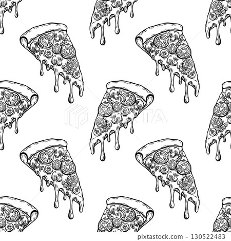 Seamless black and white pizza pattern for coloring or packaging use 130522483