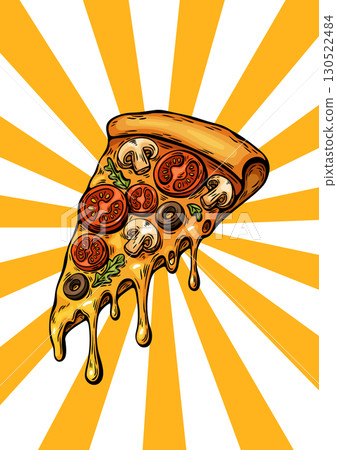 Melting pizza slice illustration with tomato toppings and yellow burst background 130522484
