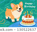 人工智慧生成的生日插畫，描繪了一隻活潑的柯基犬和一個色彩繽紛的生日蛋糕 130522637