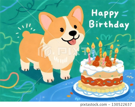 AI-generated birthday illustration featuring a lively Corgi and a colorful birthday cake 130522637