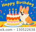 人工智慧生成的柯基犬戴著派對帽，拿著彩色生日蛋糕的插圖 130522638