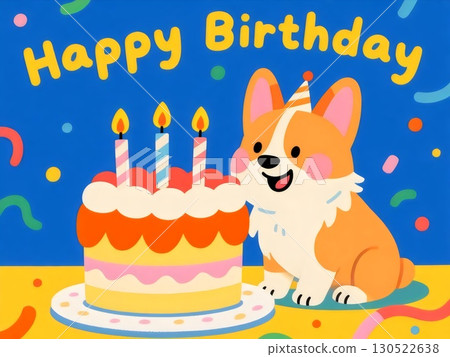 AI-generated illustration of a corgi wearing a party hat and a colorful birthday cake AI-generated illustration of a corgi wearing a party hat and a colorful birthday cake 130522638