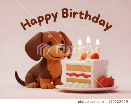 AI-generated birthday illustration of a cute smiling dachshund with candles on a cake 130522639